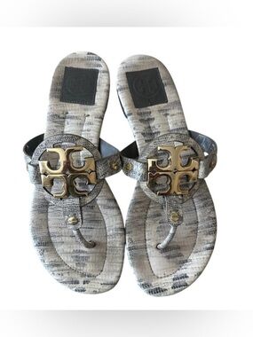 Tory Burch Miller Snake Print Sandals Gold Logo Size 8